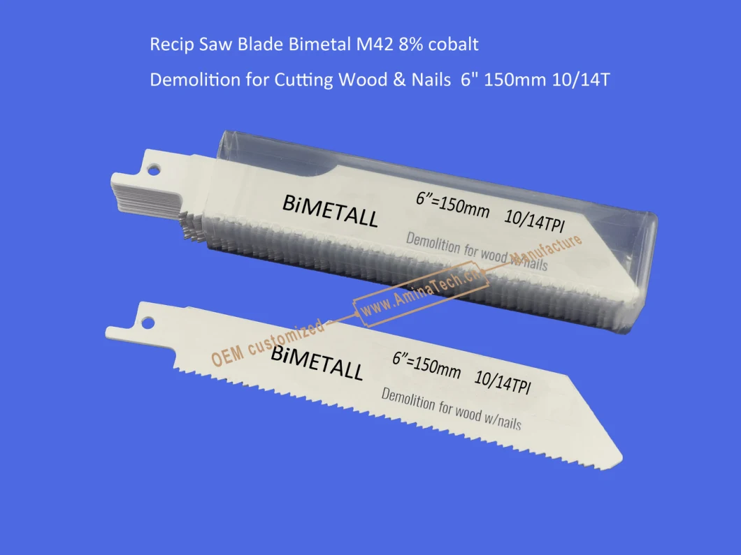 Recip Saw Blade Bimetal M42 8% cobalt Demolition for Cutting Wood &amp; Nails 6&quot; 150mm 10/14TPI,Reciprocating,Sabre Saw