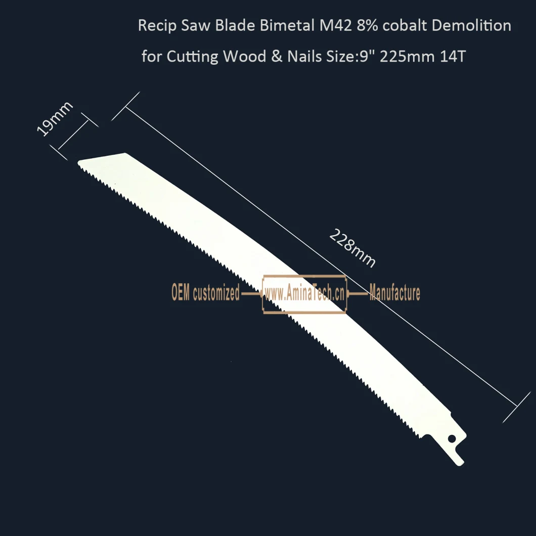 Recip Saw Blade Bimetal M42 8% cobalt Demolition for Cutting Wood &amp; Nails 9&quot; 225mm 14T