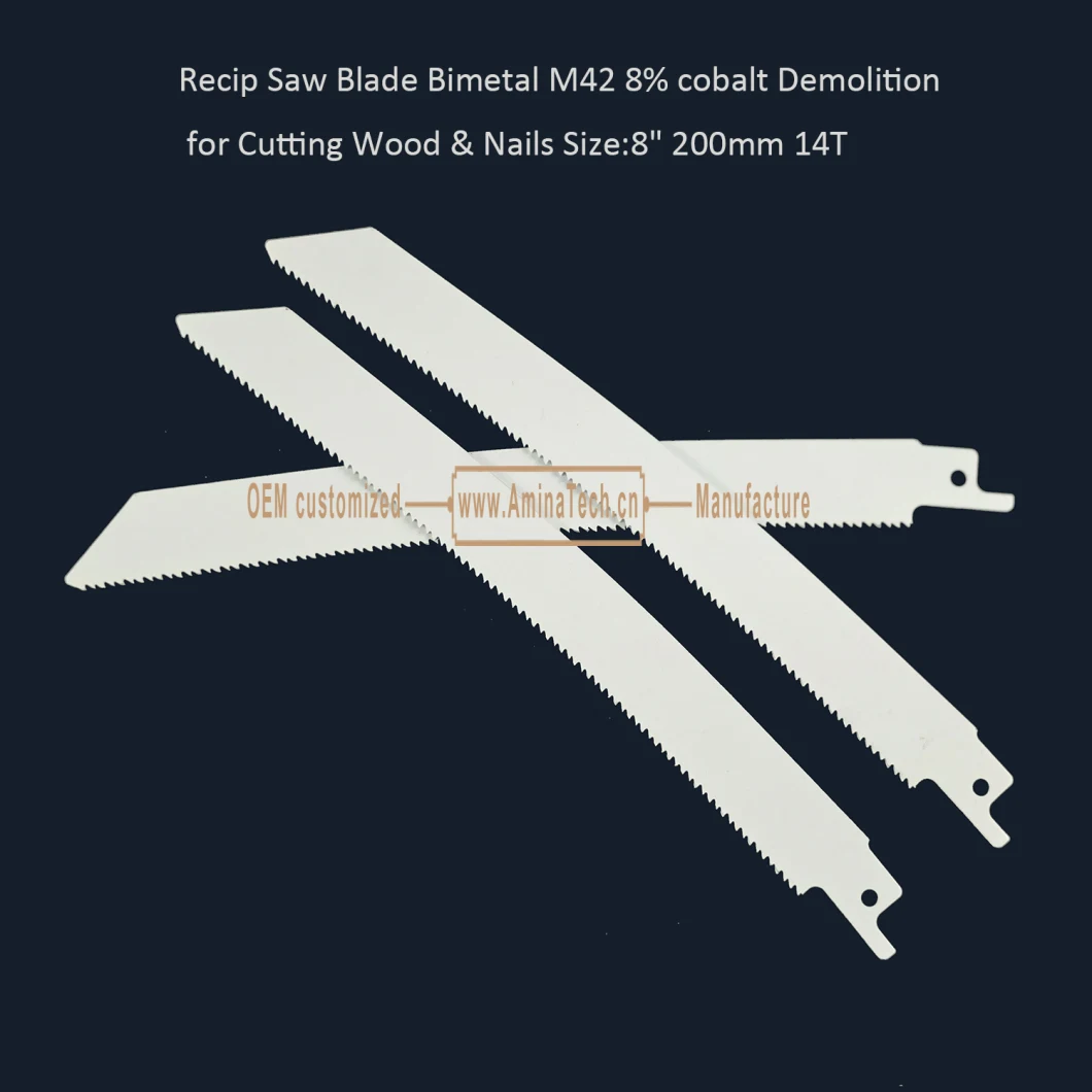 Recip Saw Blade Bimetal M42 8% cobalt Demolition for Cutting Wood &amp; Nails 8&quot; 200mm14T