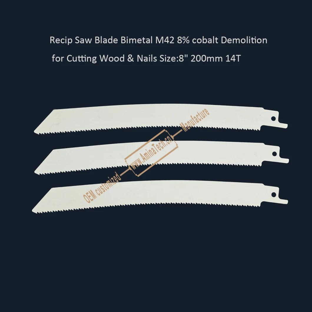 Recip Saw Blade Bimetal M42 8% cobalt Demolition for Cutting Wood &amp; Nails 8&quot; 200mm14T