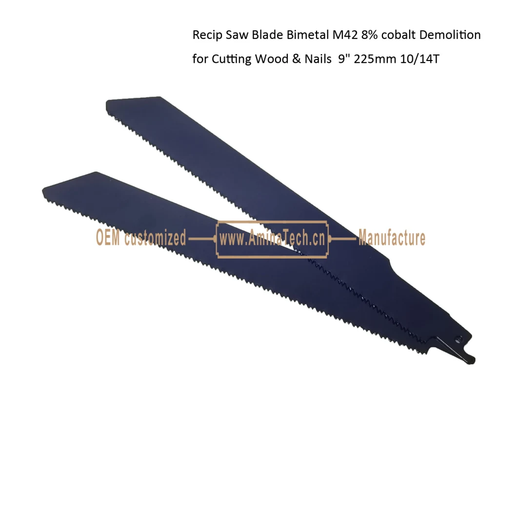 Recip Saw Blade Bimetal M42 8% cobalt Demolition for Cutting Wood &amp; Nails 9&quot; 225mm 10/14T