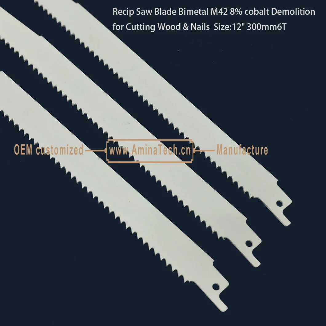 Recip Saw Blade Bimetal M42 8% cobalt Demolition for Cutting Wood &amp; Nails Size:12&quot; 300mm6T