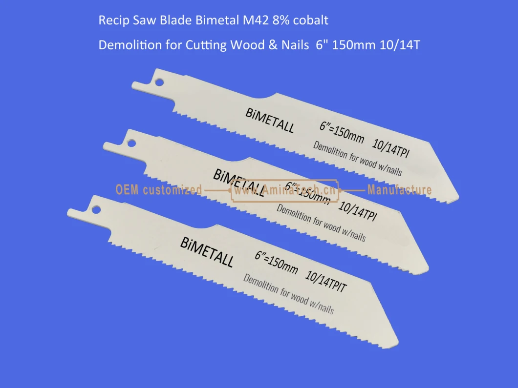Recip Saw Blade Bimetal M42 8% cobalt Demolition for Cutting Wood &amp; Nails 6&quot; 150mm 10/14TPI,Reciprocating,Sabre Saw