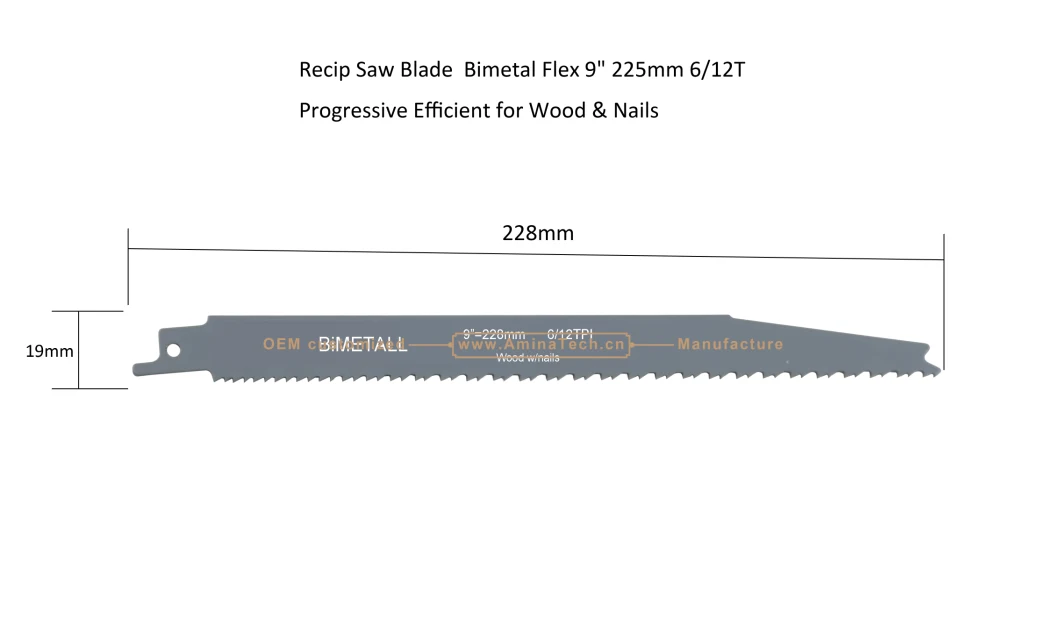 Recip Saw Blade Bimetal M42 8% cobalt Demolition for Cutting Wood &amp; Nails Size:9&quot; 225mm6/12T