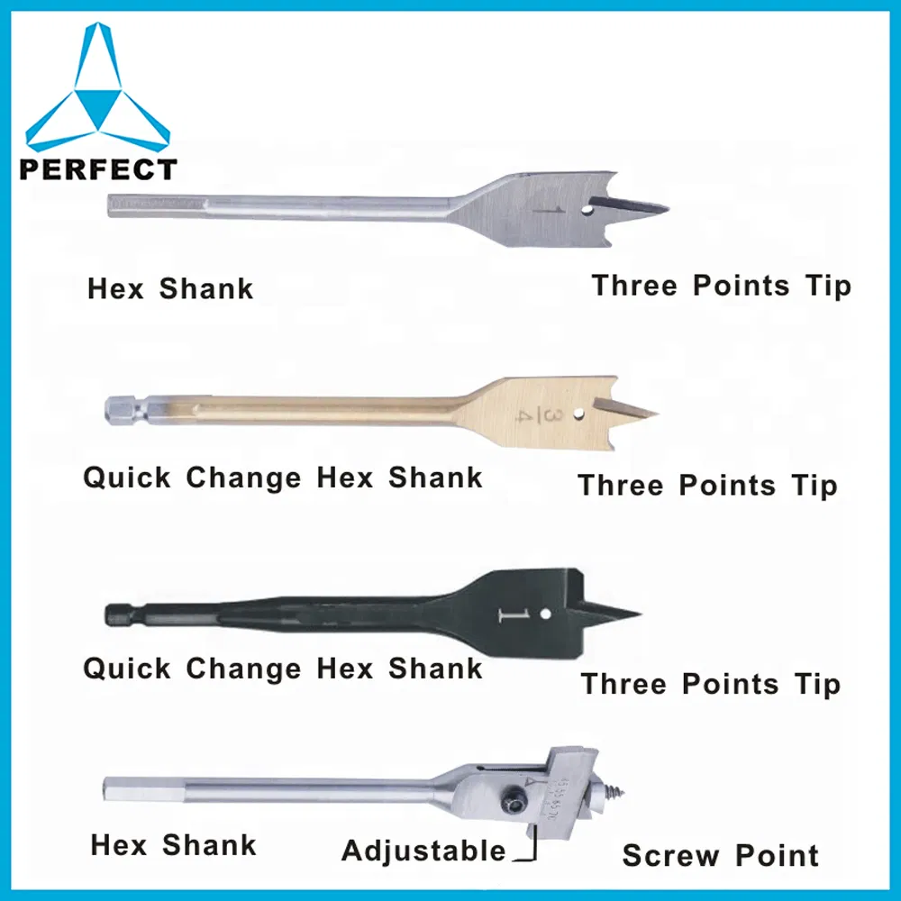 Heavy Duty Quick Change Hex Shank Tri-Point Flat Wood Spade Drill Bit with Cutting Groove for Wood